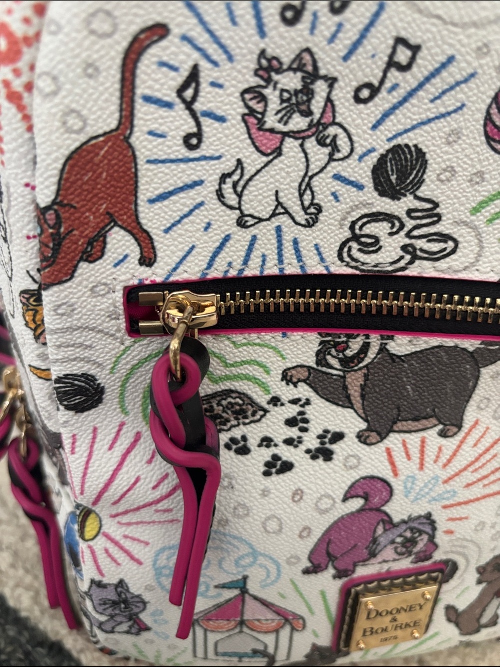 Dooney & Bourke White Mini Backpack with Multicolor Cat Print and Pink Trim - Picture 5 of 6